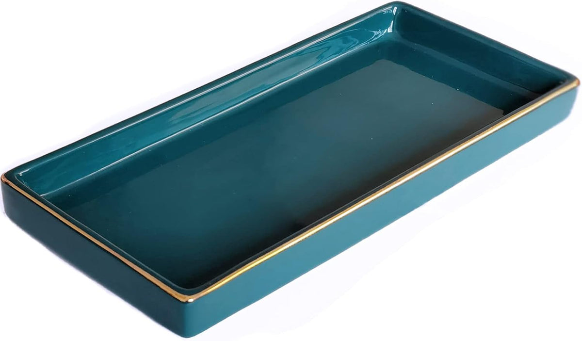10 x 5 Ceramic Bathroom Tray for Countertop, Decorative Vanity Tray for Dresser Tops, Small Rectangular Trays for Perfume, Candle, Jewelry, Cosmetics (Green)
