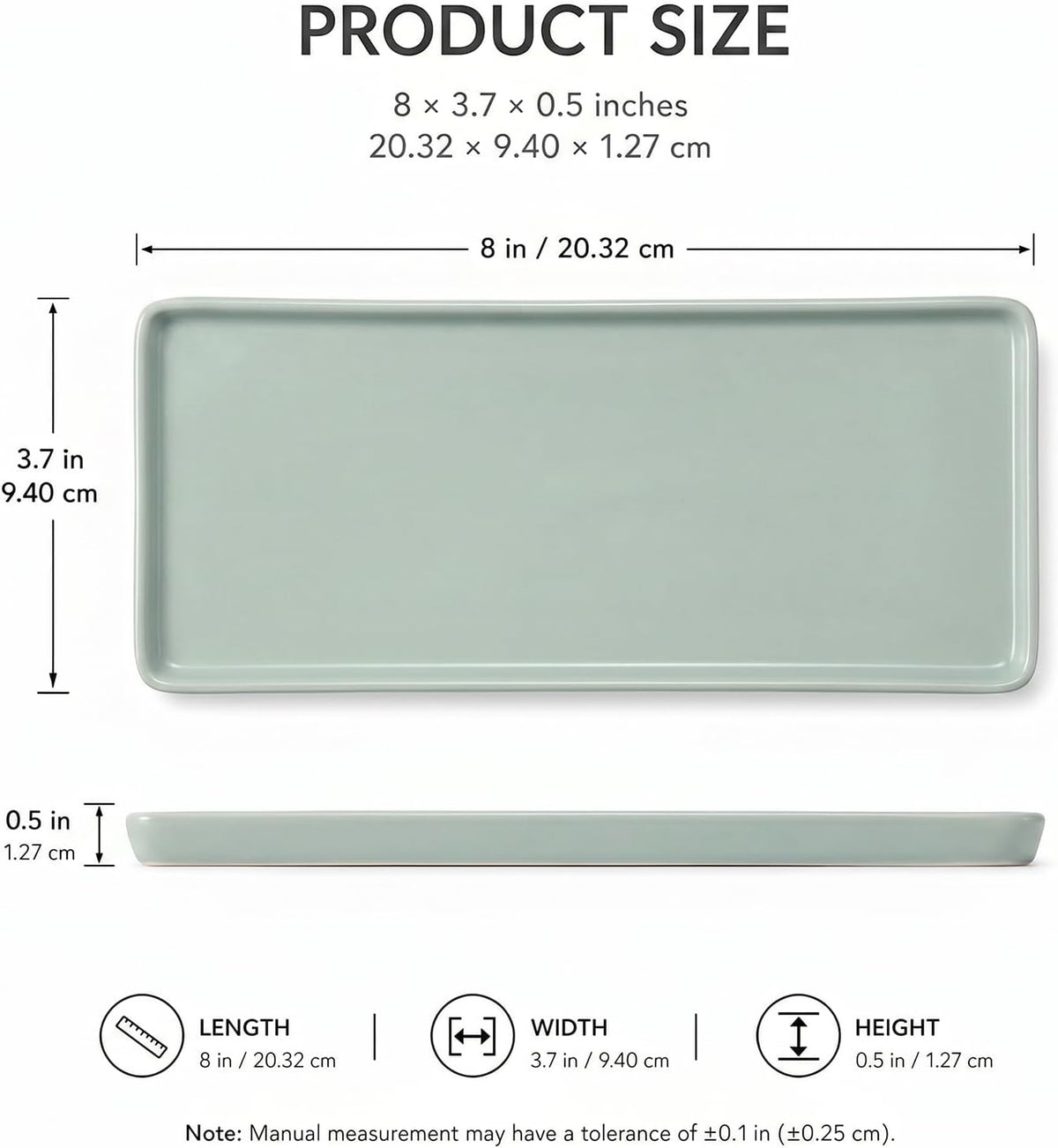 8″ x 3.7″Ceramic Vanity Tray, Decorative Rectangular Organizer for Bathroom Countertop, Dresser Top, Kitchen & Bathtub, for Soap, Perfume, Candle, Jewelry & Cosmetics (Green)