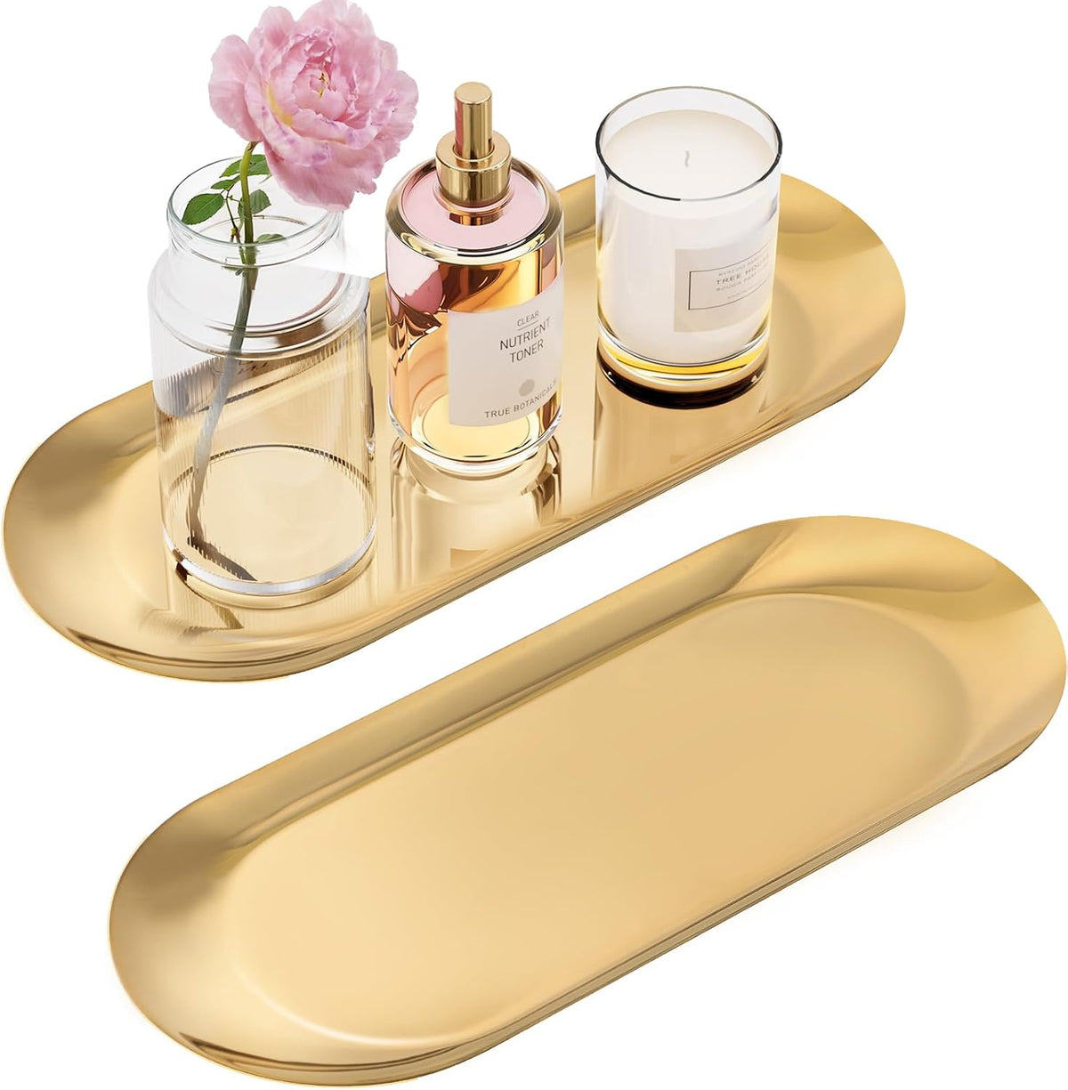 Gold Decorative Tray, 2 PCS Bathroom Vanity Tray for Dresser Counter, Elegant Jewelry Dish Tray for Decor, Gold Platter Serving Tray Organizer for Perfume Trinket Key Candle, Stainless Steel, Oval