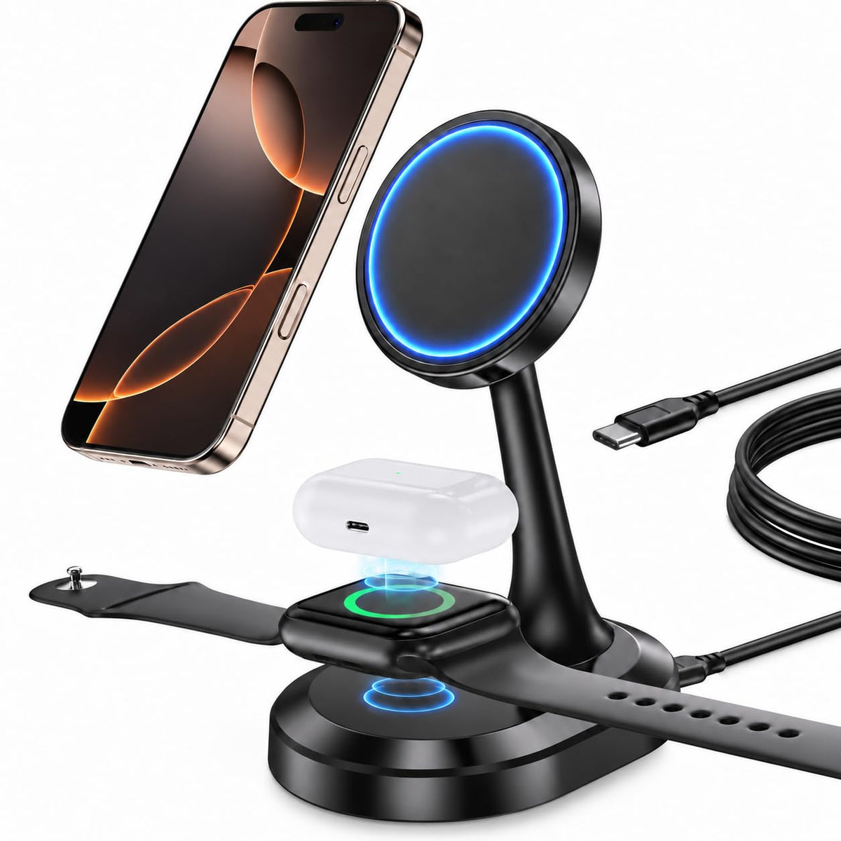 Magnetic Wireless Charger Stand 15W Fast Mag-Safe Charger for iPhone 18 Pro / 18 Pro Max 17/16/15/14/13/12 Series Magnet Wireless Charging Station/Pad with Sleep-Friendly Light for AirPods