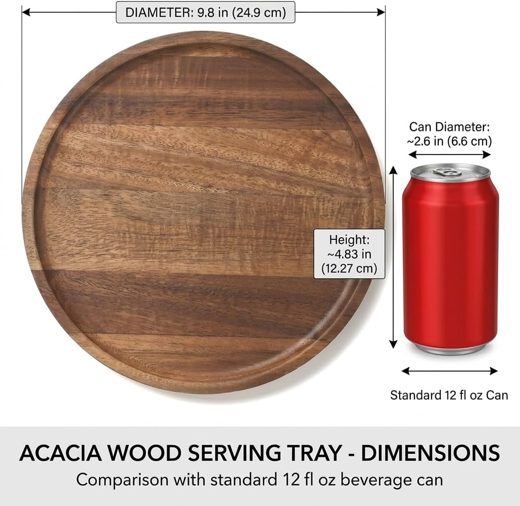 9.8 Inch Round Wood Tray for Coffee Table, Rustic Candle Holder Tray Home Decor, Small Wooden Serving Tray for Living Room, Decorative Farmhouse Centerpiece for Kitchen Counter