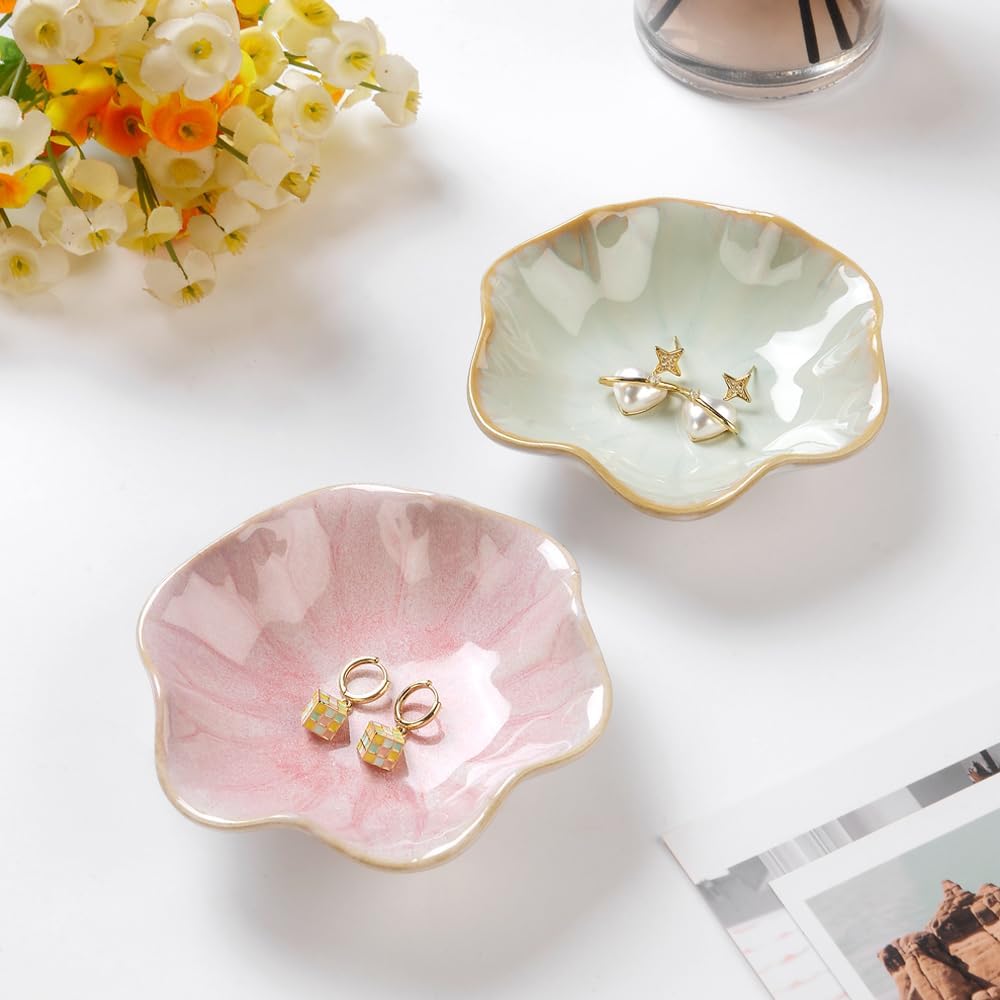 JAMEND CLXP Lotus Leaf Shape Decorative Ring Tray, Small Key Bowl, Ceramic Trinket Tray Jewelry Dish Organizing Necklace Earrings, Home Decoration for Mom Best Friend Sister, Pink.