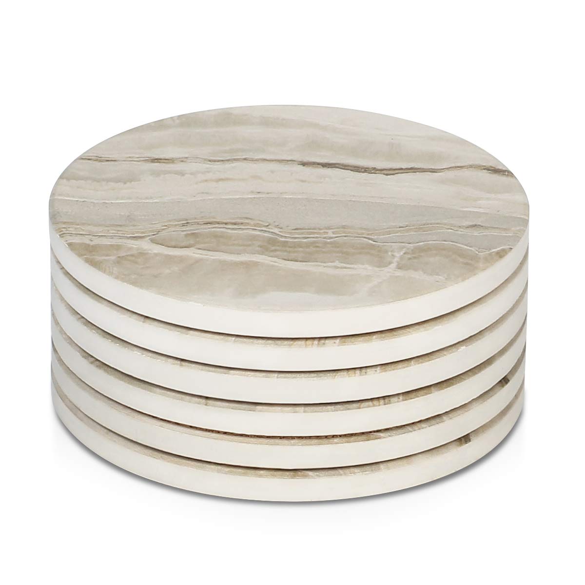 LIFVER Coasters for Coffee Table, Coasters for Drinks Absorbent, Drink Coasters, Housewarming Gift, Home Decor, Set of 6, Farmhouse Coaster Set with Holder, 4 Inches, Sandstone Style