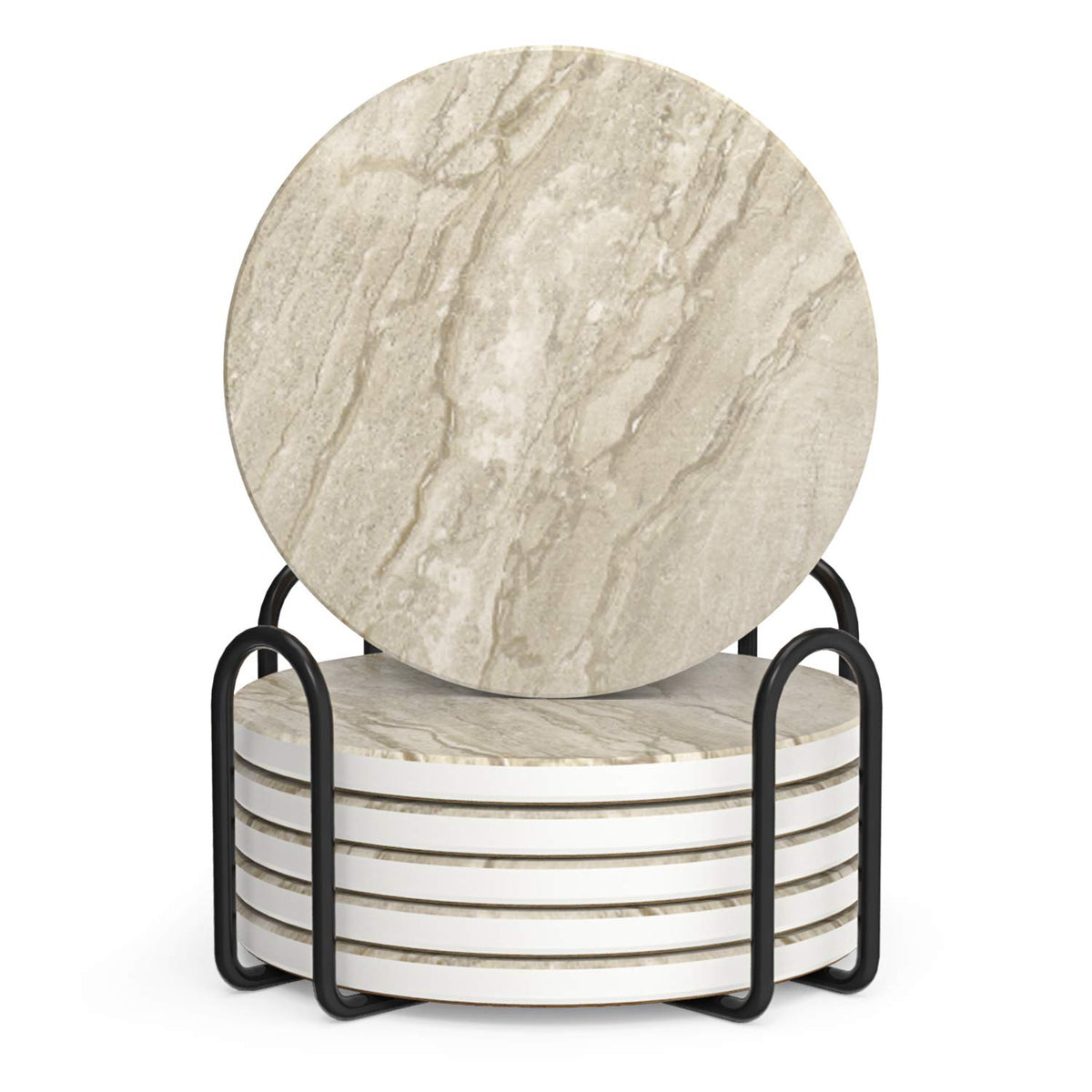 LIFVER Absorbent Coaster Sets of 4, Drink Coasters with Holder, Marble Style Ceramic Drink Coaster for Tabletop Protection, Suitable for Kinds of Cups, Wooden Table, Cool Home Decor, 4 Inches