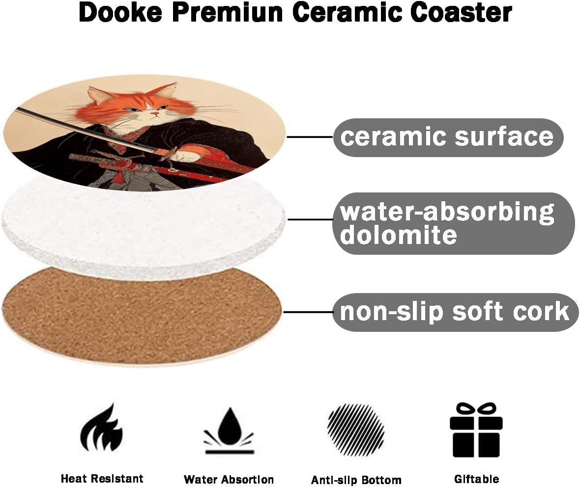 Dooke Coasters for Drinks, Round Absorbent Ceramic Stone Coasters Set of 6 with Cork Base, Funny Drink Coasters with Holder for Cold Drinks Wine Mugs and Cups Tabletop Protection,Japanese Cat
