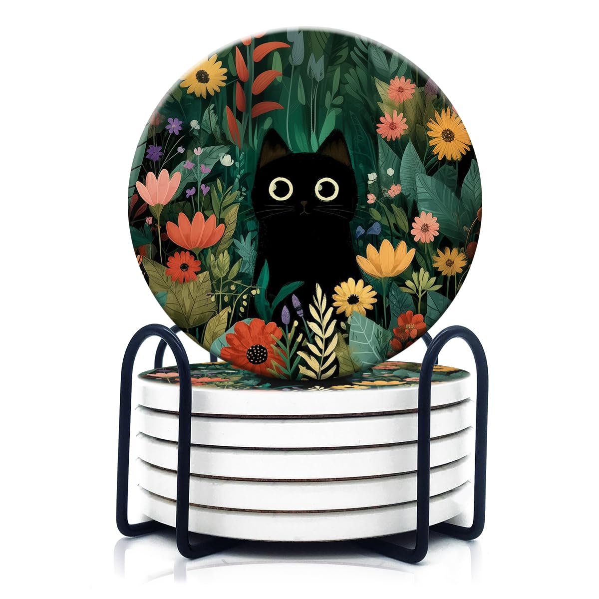 Dooke Coasters for Drinks, Round Absorbent Ceramic Stone Coasters Set of 6 with Cork Base, Funny Drink Coasters with Holder for Cold Drinks Wine Mugs and Cups Tabletop Protection,Japanese Cat