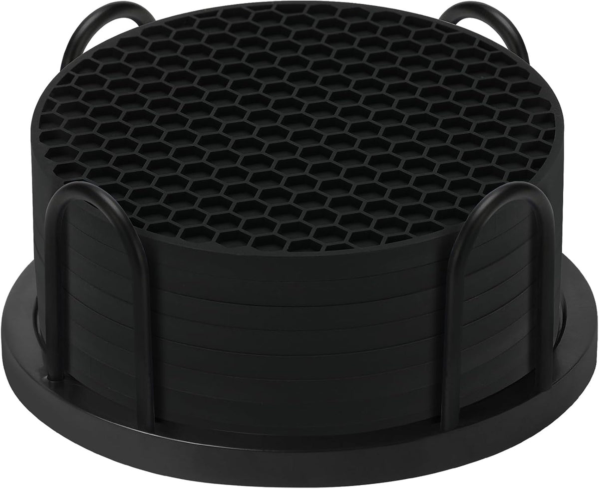 TWTLi 8-Pack Silicone Drink Coasters with Holder, Non-Slip Coaster Set for Coffee Table, Kitchen & Office, Protect Furniture from Water Rings, Heat & Spills, Black