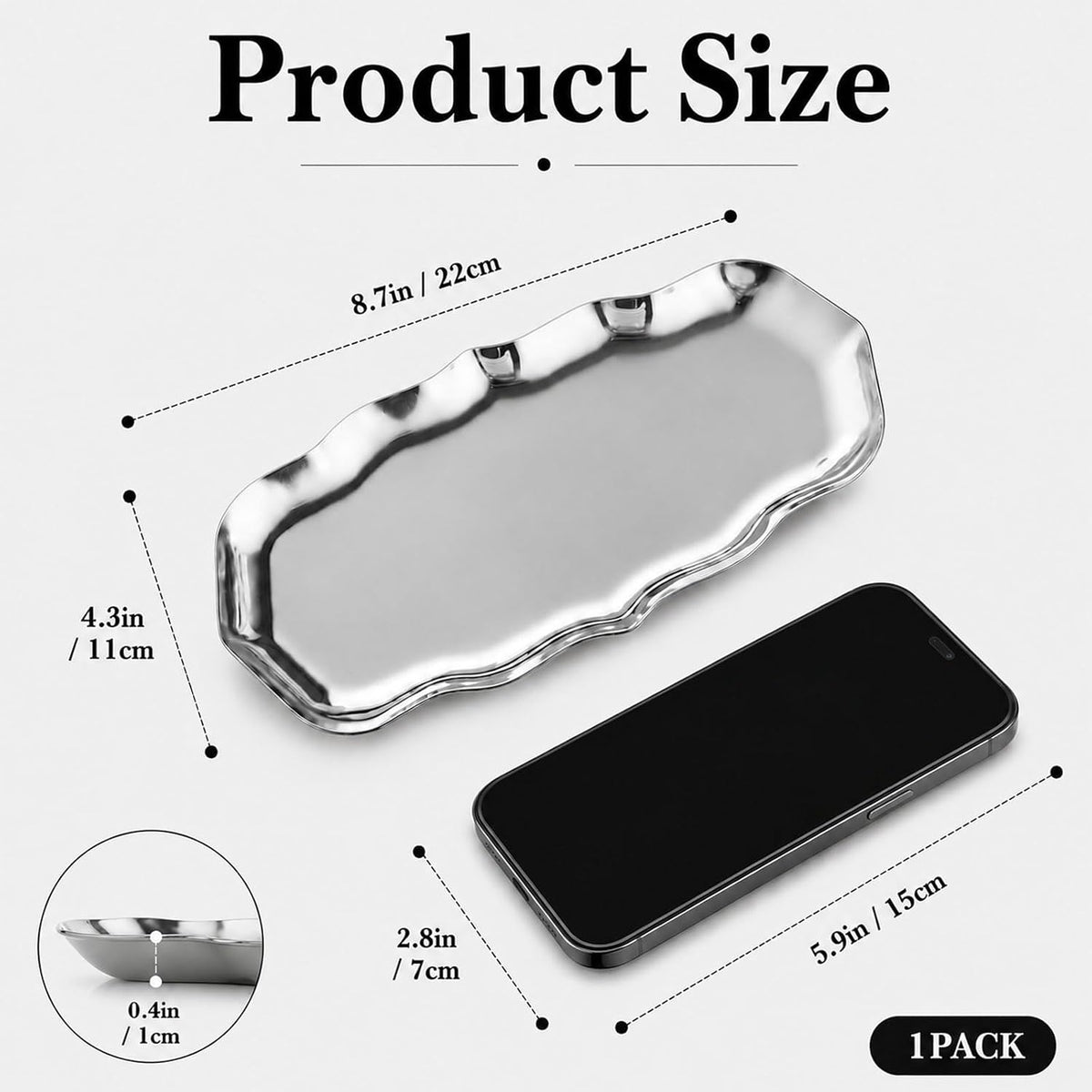 Silver Tray, Decorative Tray, Wave Serving Tray for Trinket, 8.7" X 4.3"