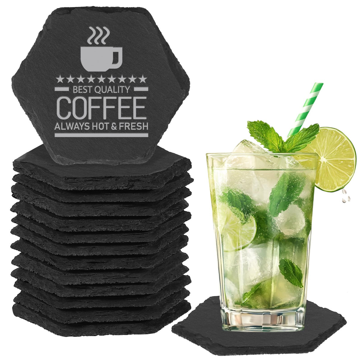24 PCS Slate Coasters Black Square 4 Inch Bulk Rock, Blank Laser Engraving, Scratch Resistant Bottom, Home Office Kitchen Gift Wedding Bar Party