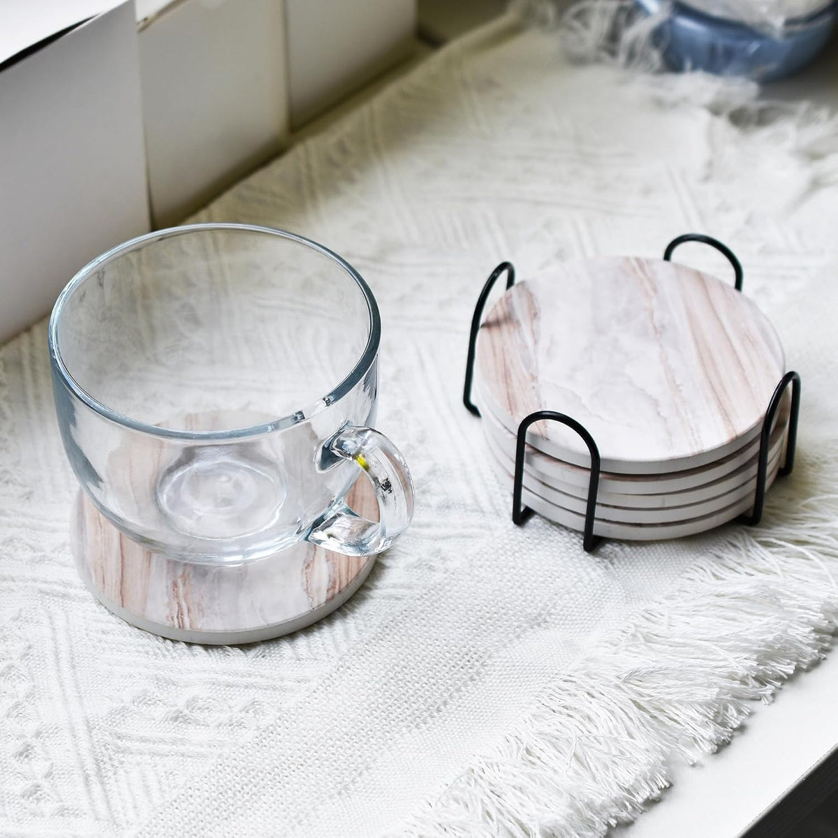 6Pcs Absorbent Coasters Set with Holder,Ceramic Drink Coaster,4 in(A1)