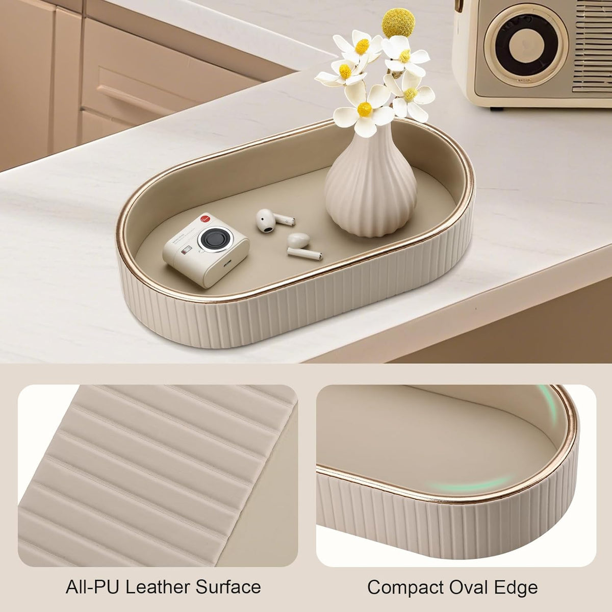 GORESE PU Leather Perfume Tray Nightstand Organizer, Small Oval Desk Tray Jewelry Trinket Trays Valet Organizer Key Bowl for Entryway Dresser Bathroom, Catchall Trays for Men Women, 11×5.9 in, Beige