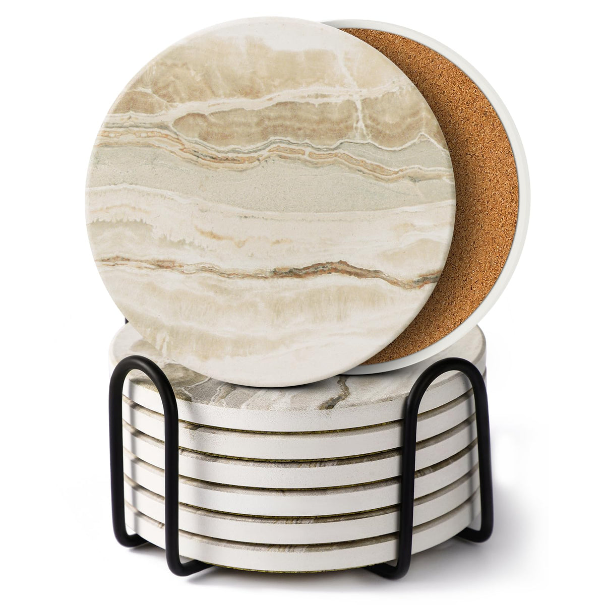 LIFVER Coasters Set of 6, Coasters for Drinks Absorbent Stone with Holder, Black Marble Style Ceramic Drink Coaster for Tabletop Protection, Coffee Table Decor Ideal for Home Decor House Warming Gifts