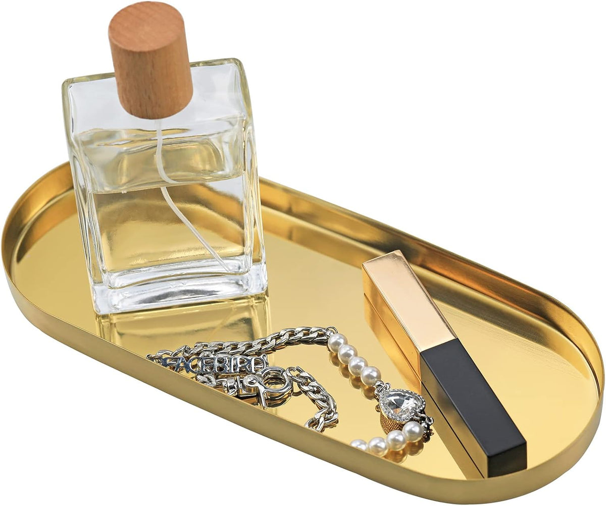 FREELOVE Mirror Gold Tray for Bathroom Vanity Perfume, Small Brass Metal Decorative Trays, Rectangle Round Oval Trinket for Napkin Glass Soap Sink Decanter Towel Candle Jewelry, 3.7''X9''