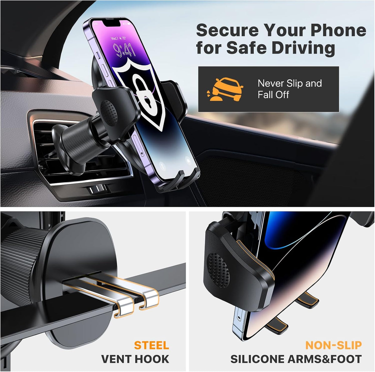 Miracase Phone Holders for Your Car with Metal Hook Clip, Air Vent Cell Phone Stand Car Mount, Universal Automobile Cradle for Garmin GPS Fit iPhone Android and All Smartphones, Dark Black