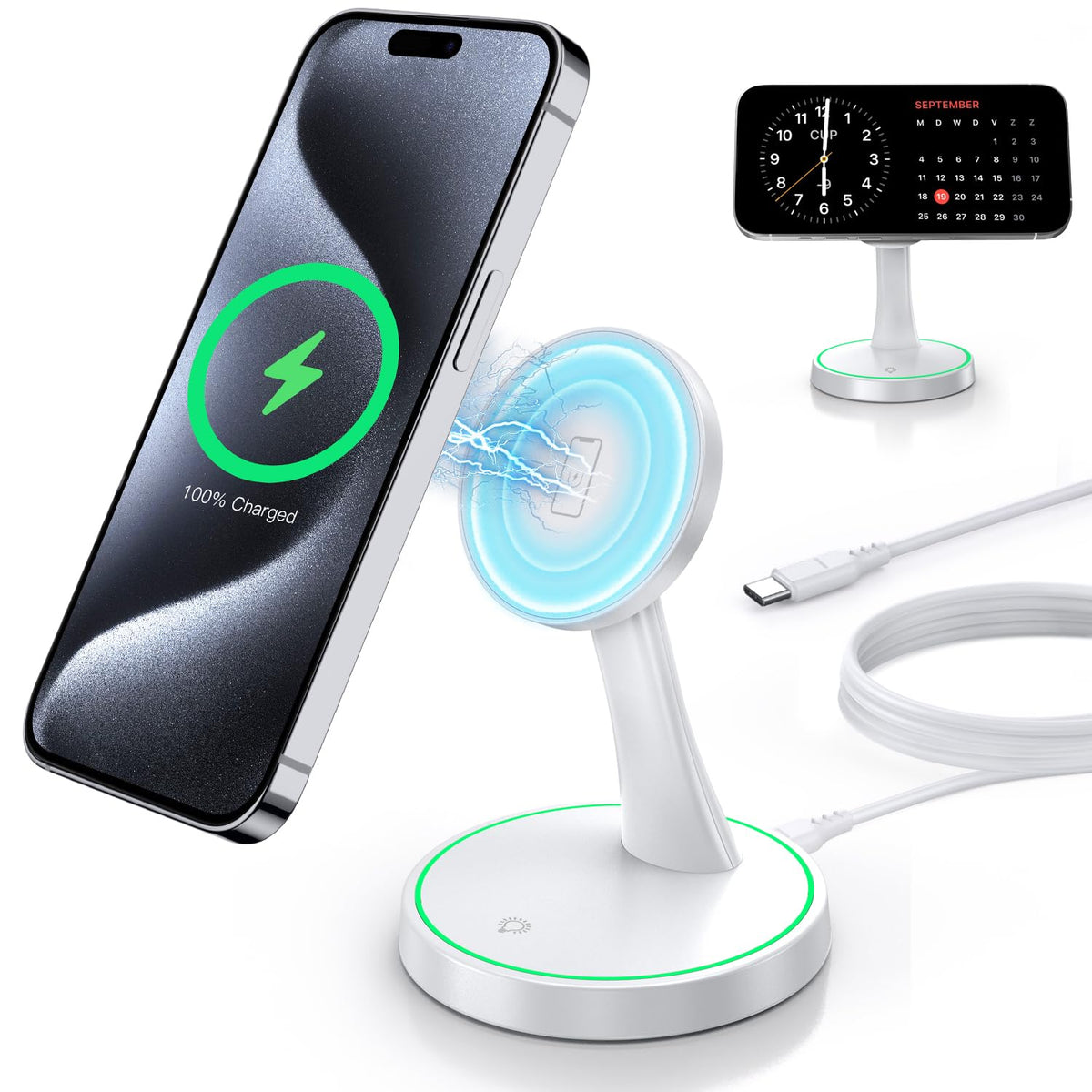 Magnetic Wireless Charger Stand 15W Fast Mag-Safe Charger for iPhone 18 Pro / 18 Pro Max 17/16/15/14/13/12 Series Magnet Wireless Charging Station/Pad with Sleep-Friendly Light for AirPods