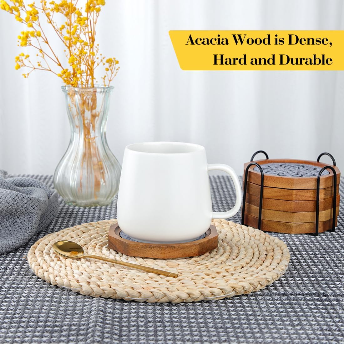 Wood Coasters for Drinks Absorbent with Lip, 4.3 Inch Acacia Wood Grey Felt Coaster with Holder for Wooden Coffee Table for Cups, Mugs, and Glasses - Set of 6