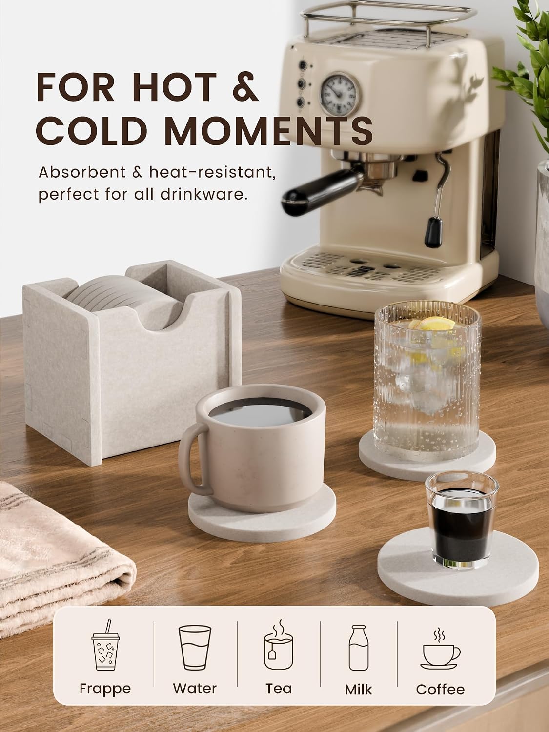 Fluxynara Felt Coasters with Holder, Set of 8 for Drinks, Oatmeal