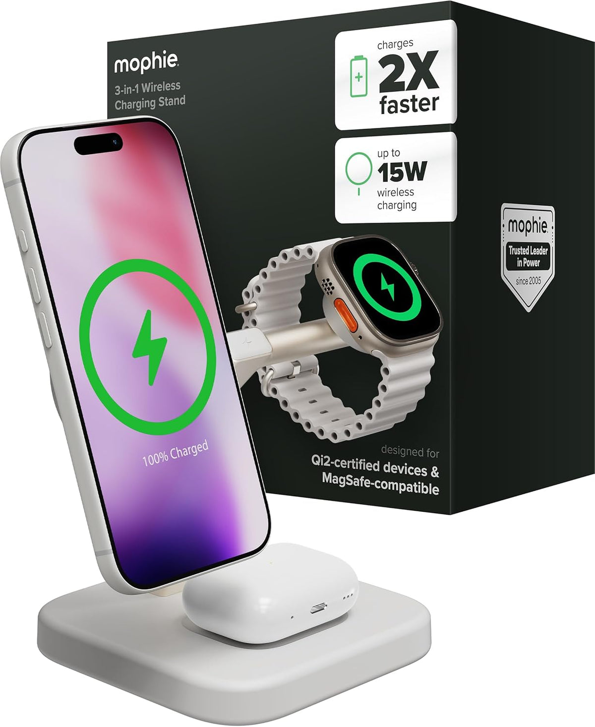 Mophie 3-in-1 Wireless Charging Stand - Qi2-Certified w/Up to 15W Power