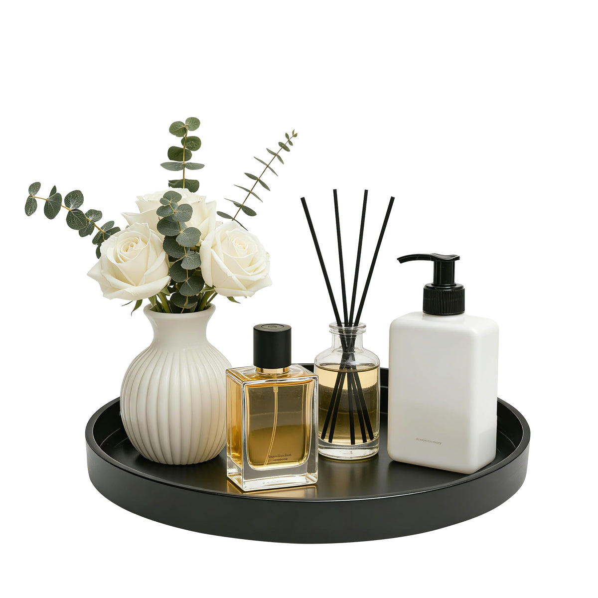 Bathroom Vanity Tray, 1 Pack 9" ABS Black Round Vanity Trays for Bathroom Counter, Dresser Decor Trays for Perfume, Candles, Keys, Kitchen Countertop Organizer, Decorative Tray Soap Holder