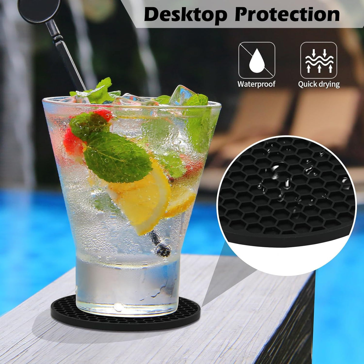 TWTLi 8-Pack Silicone Drink Coasters with Holder, Non-Slip Coaster Set for Coffee Table, Kitchen & Office, Protect Furniture from Water Rings, Heat & Spills, Black