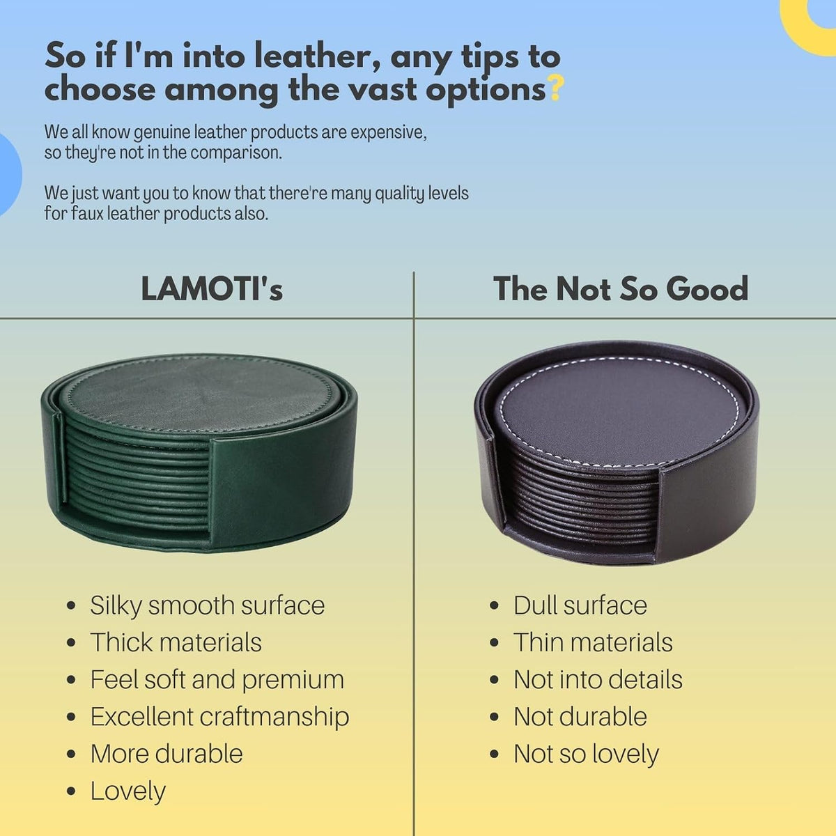 LAMOTI Leather Coasters for Drinks, Drink Coasters Set of 6 with Holder