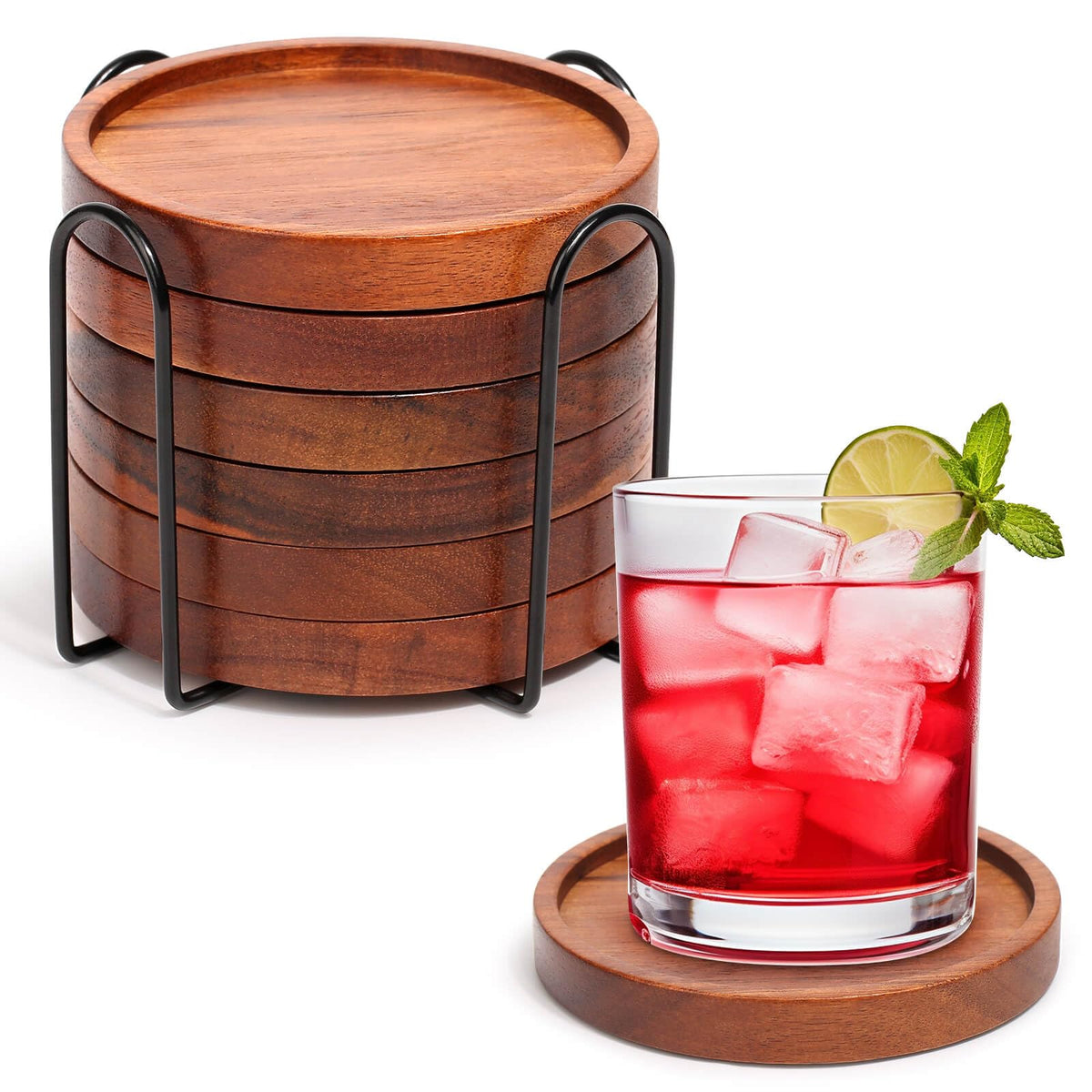 4 Pcs Acacia Coasters for Drinks Absorbent, Wood Coasters with Holder, Drink Coasters for Coffee Table, Absorbent Coaster Set for Table Protection Drink Coasters for Farmhouse, Office, Bar