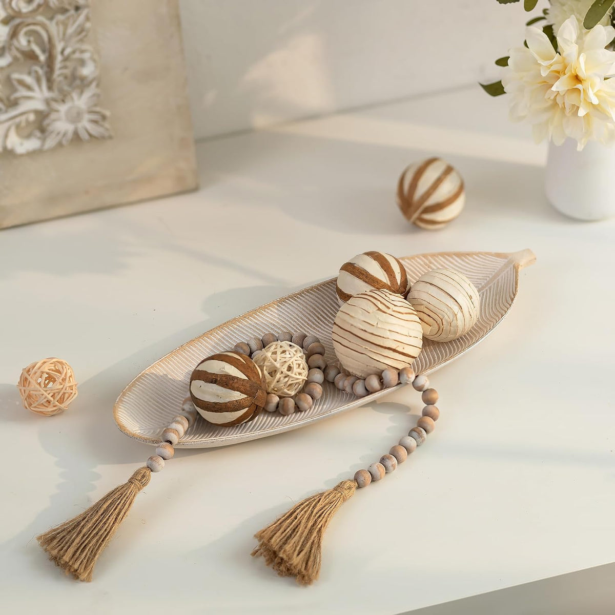 Hanobe Leaf Wooden Decorative Tray, Wood Key Bowl for Entryway Table Decor