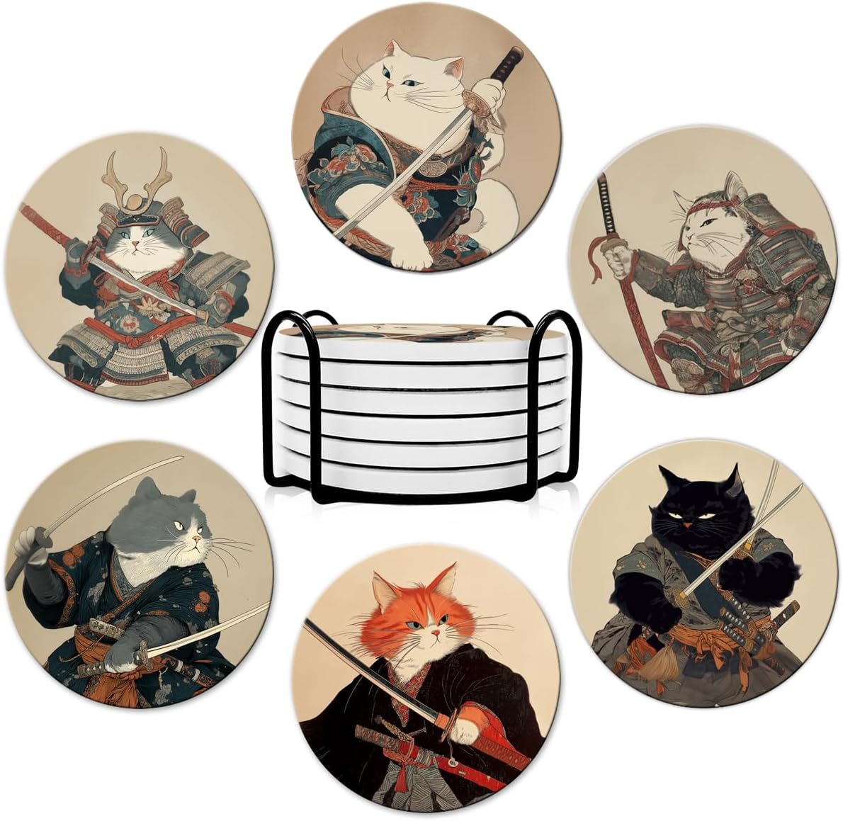Dooke Coasters for Drinks, Round Absorbent Ceramic Stone Coasters Set of 6 with Cork Base, Funny Drink Coasters with Holder for Cold Drinks Wine Mugs and Cups Tabletop Protection,Japanese Cat