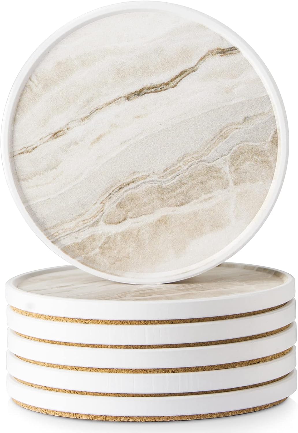 LIFVER Coasters for Coffee Table, Coasters for Drinks Absorbent, Drink Coasters, Housewarming Gift, Home Decor, Set of 6, Farmhouse Coaster Set with Holder, 4 Inches, Sandstone Style