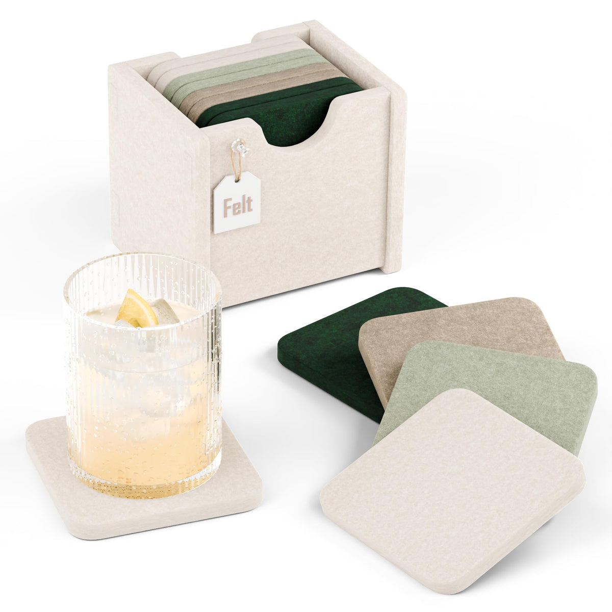 Fluxynara Felt Coasters with Holder, Set of 8 for Drinks, Oatmeal