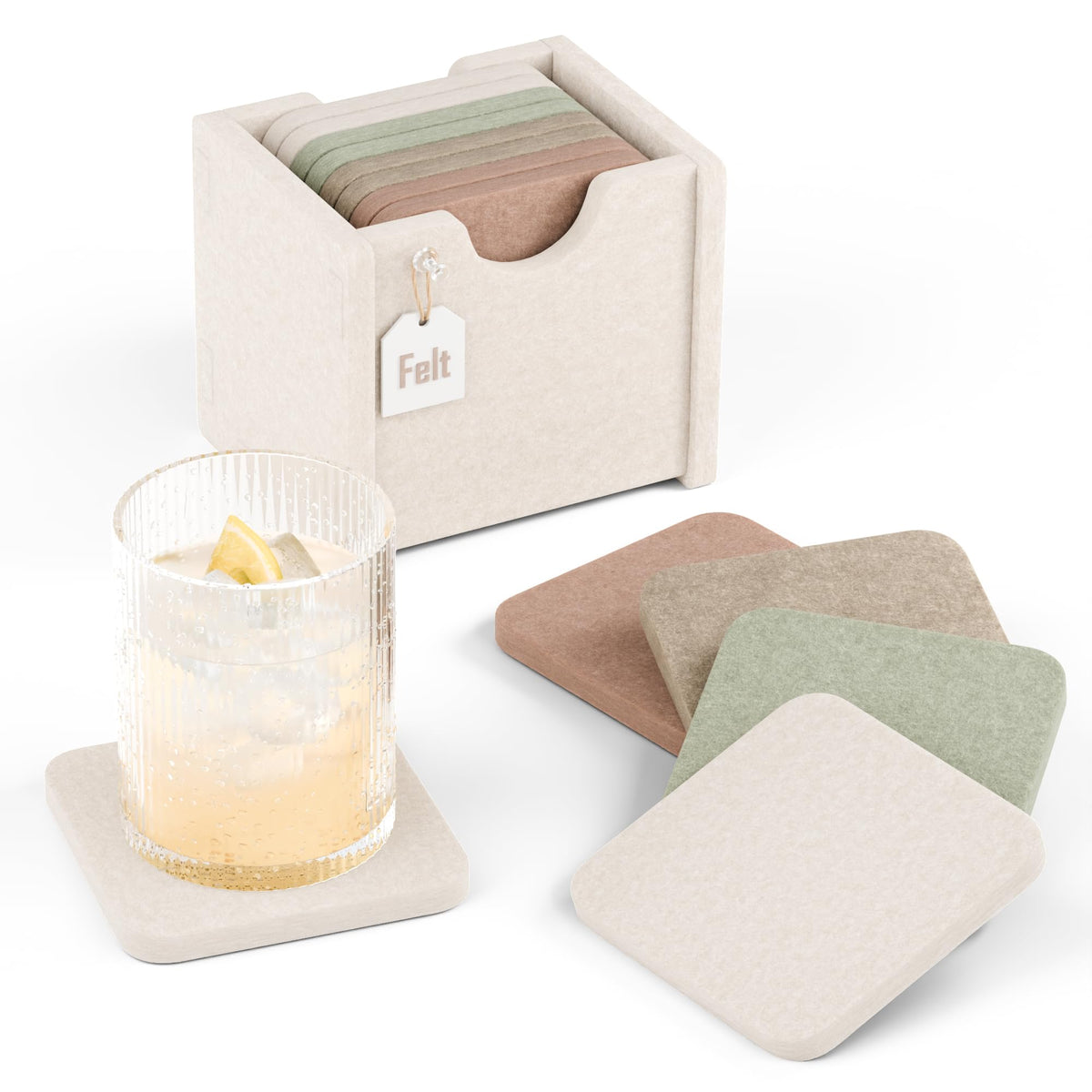 Fluxynara Felt Coasters with Holder, Set of 8 for Drinks, Oatmeal