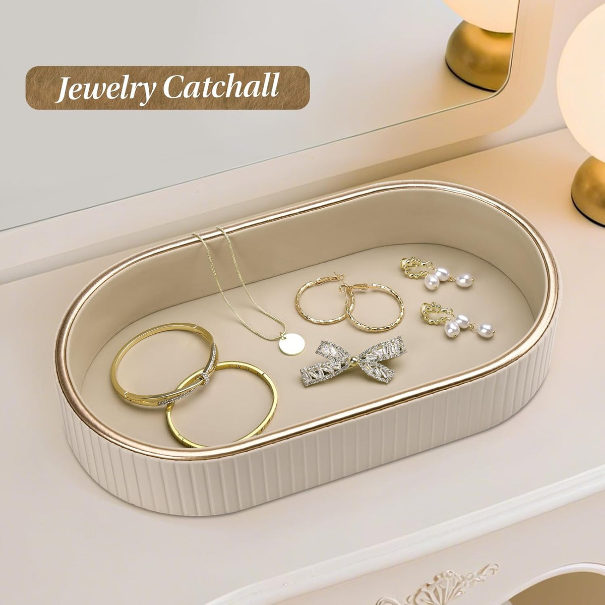 GORESE PU Leather Perfume Tray Nightstand Organizer, Small Oval Desk Tray Jewelry Trinket Trays Valet Organizer Key Bowl for Entryway Dresser Bathroom, Catchall Trays for Men Women, 11×5.9 in, Beige