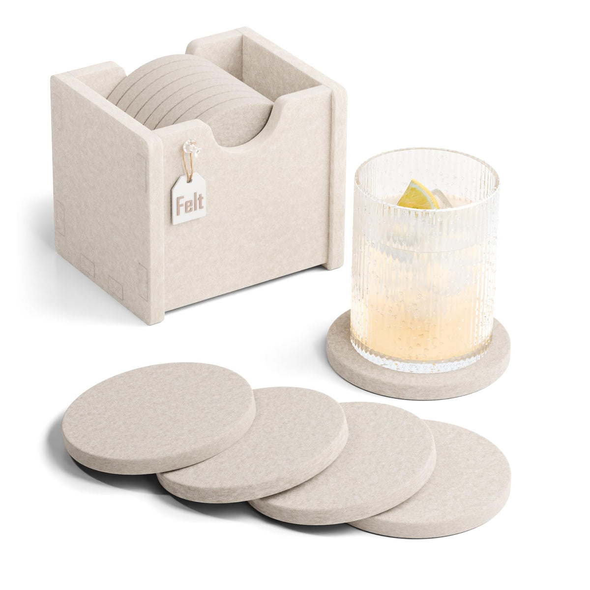 Fluxynara Felt Coasters with Holder, Set of 8 for Drinks, Oatmeal
