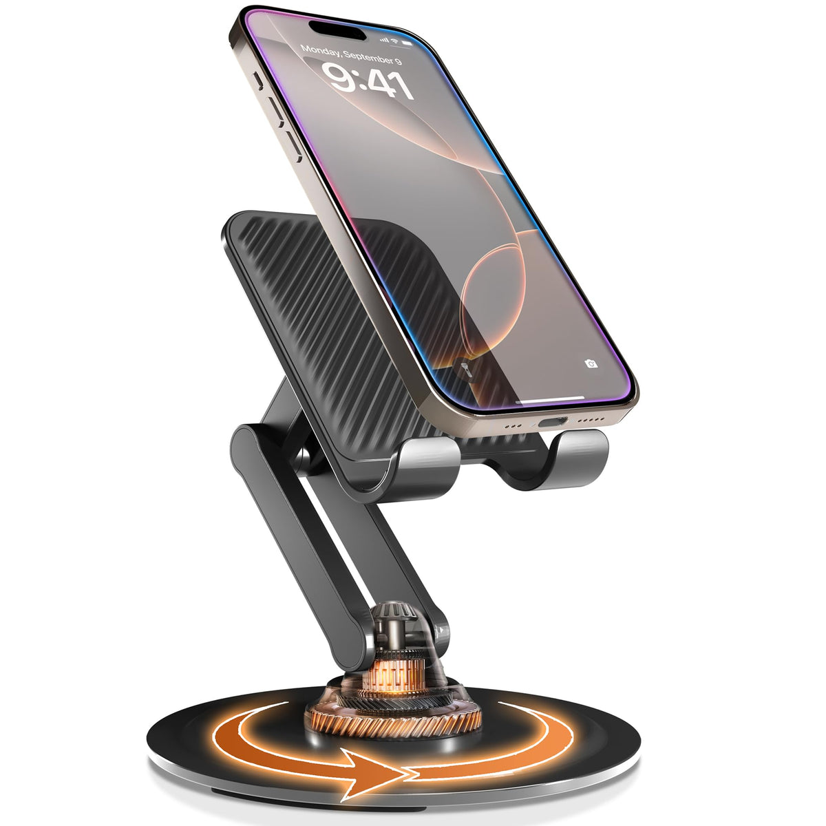 COOPER 360° Stand, Rotating Cell Phone Stand for Desk | Sturdy Metal Base, Foldable, Portable | Cell Phone Holder for Desk (Piano Black)
