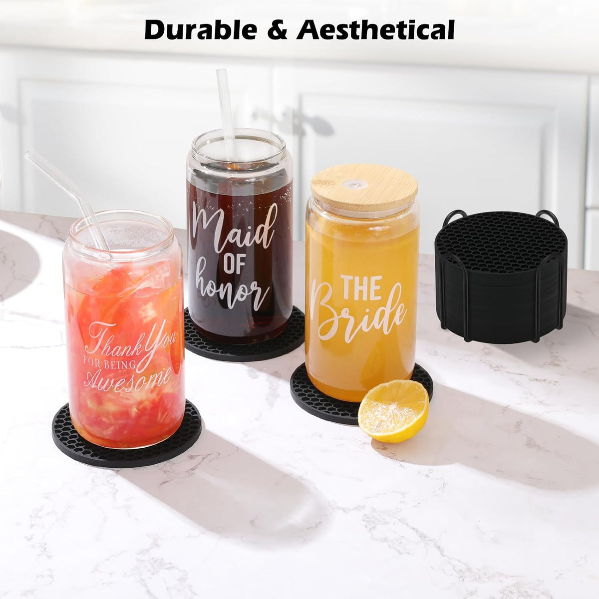 TWTLi 8-Pack Silicone Drink Coasters with Holder, Non-Slip Coaster Set for Coffee Table, Kitchen & Office, Protect Furniture from Water Rings, Heat & Spills, Black