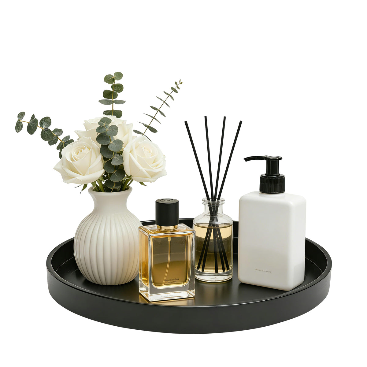Bathroom Vanity Tray, 1 Pack 9" ABS Black Round Vanity Trays for Bathroom Counter, Dresser Decor Trays for Perfume, Candles, Keys, Kitchen Countertop Organizer, Decorative Tray Soap Holder