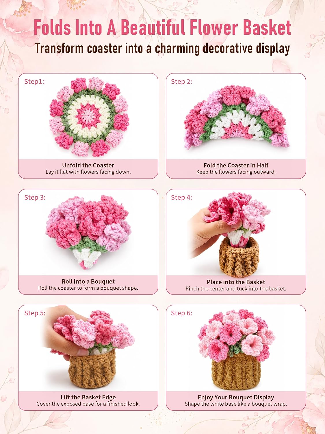 Crochet Flower Bouquet Coasters, Cotton Tulip Gifts for Home Decor 1Pc