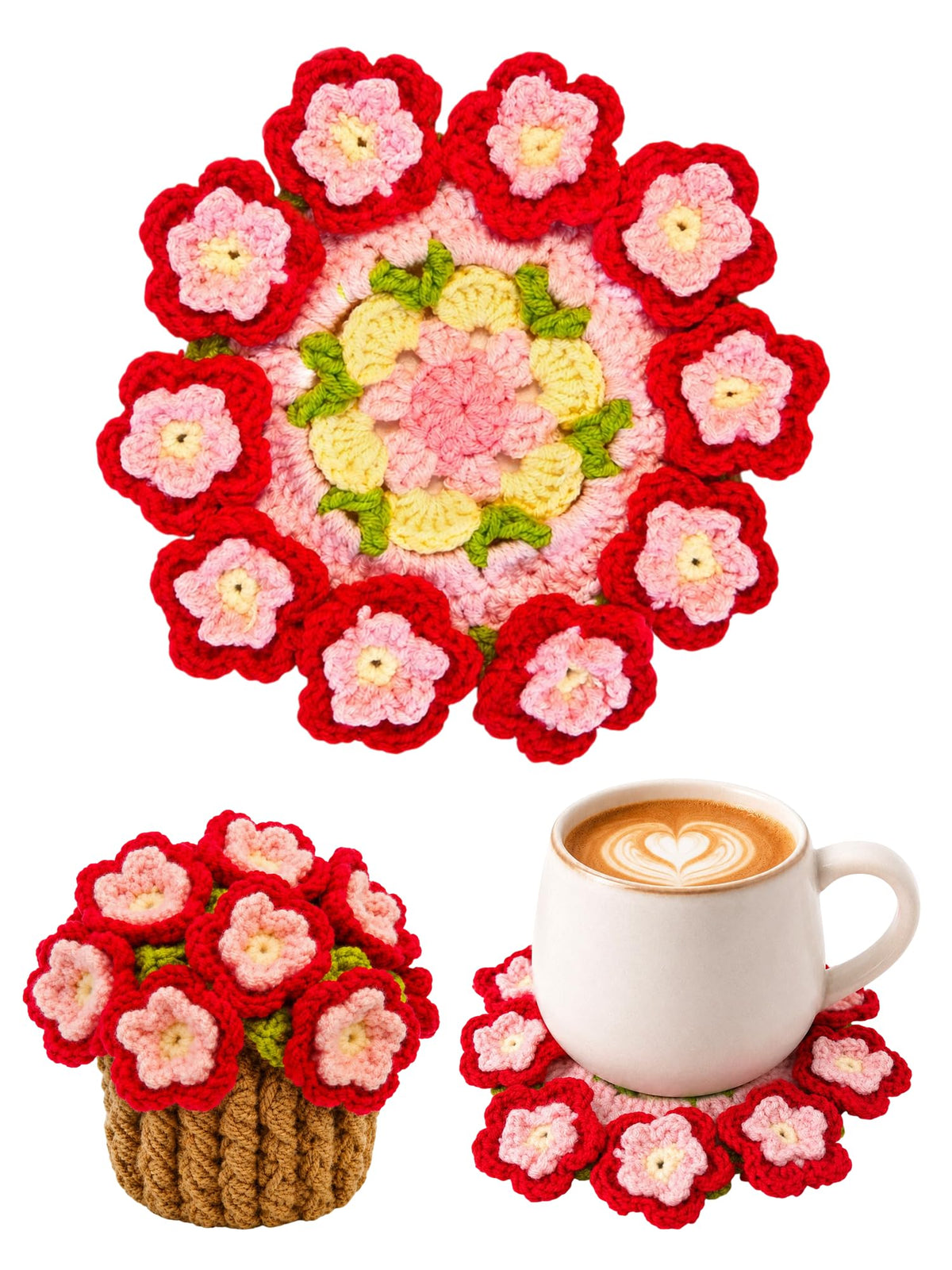 Crochet Flower Bouquet Coasters, Cotton Tulip Gifts for Home Decor 1Pc