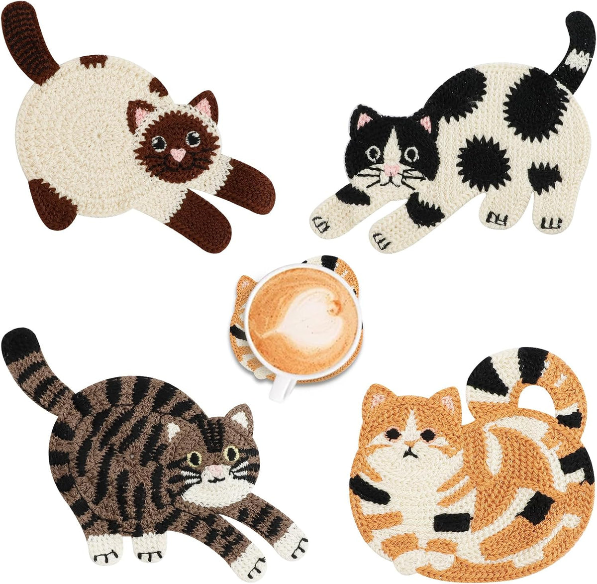 Cute Cat Coasters for Desk, Funny Woven Coaster for Decoration, Creative Gifts for Cat Lovers, Crochet Insulation Knitted Coasters for Coffee Tea Table Desktop Protection (4, Style B)