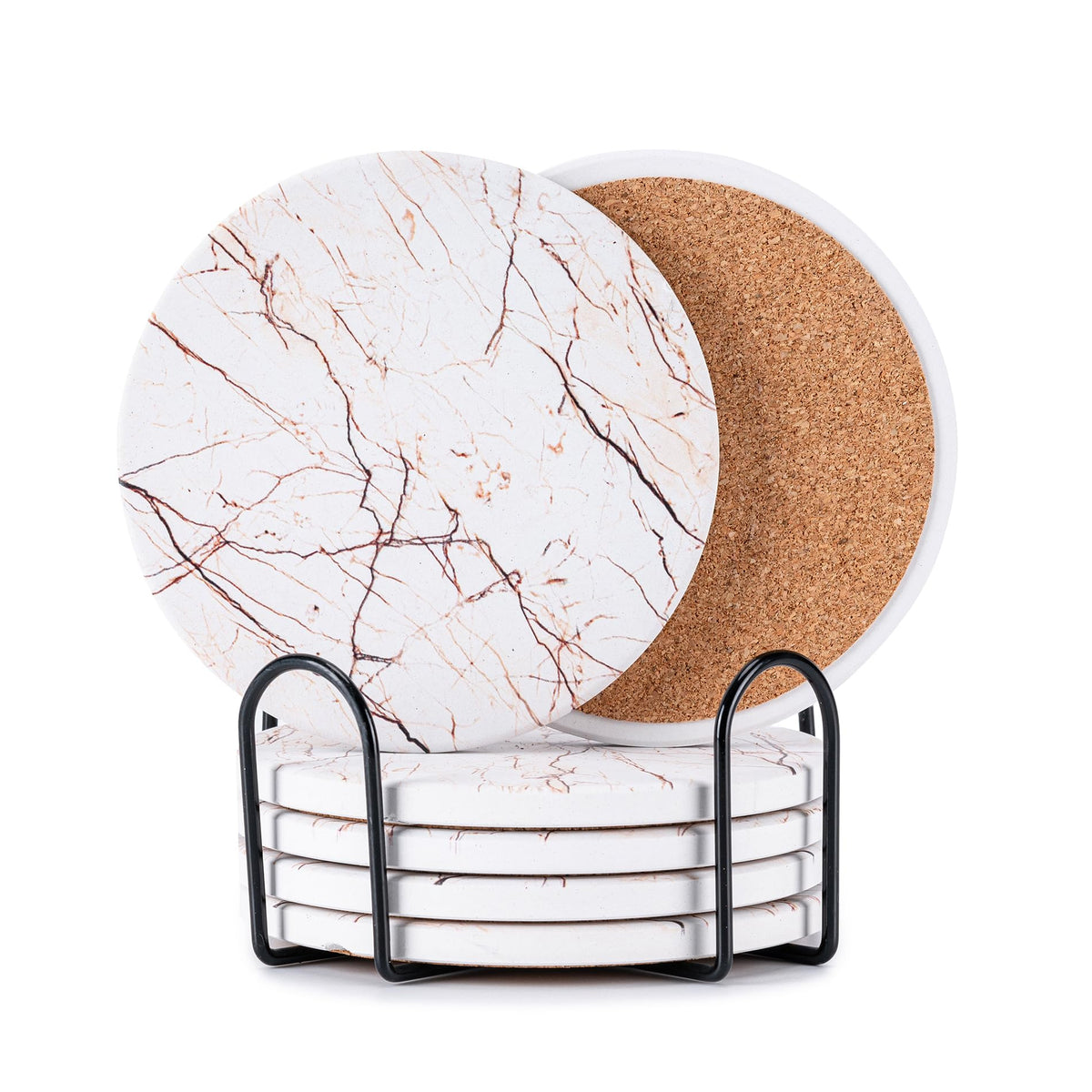 6Pcs Absorbent Coasters Set with Holder,Ceramic Drink Coaster,4 in(A1)
