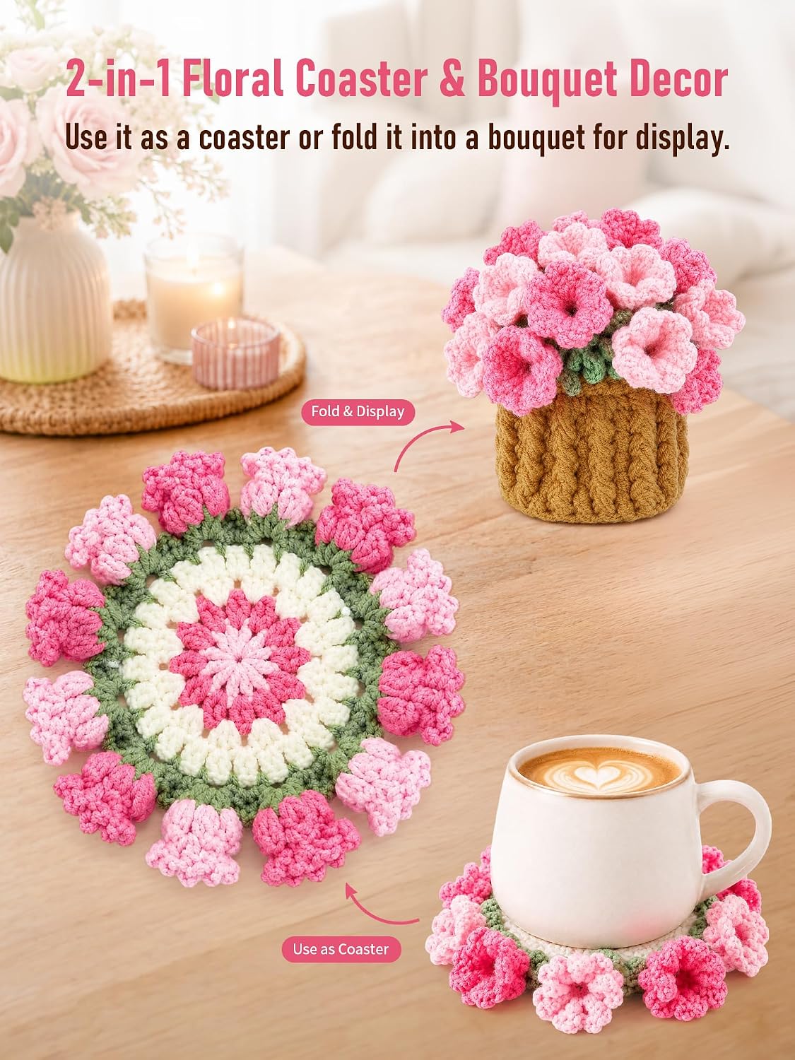 Crochet Flower Bouquet Coasters, Cotton Tulip Gifts for Home Decor 1Pc