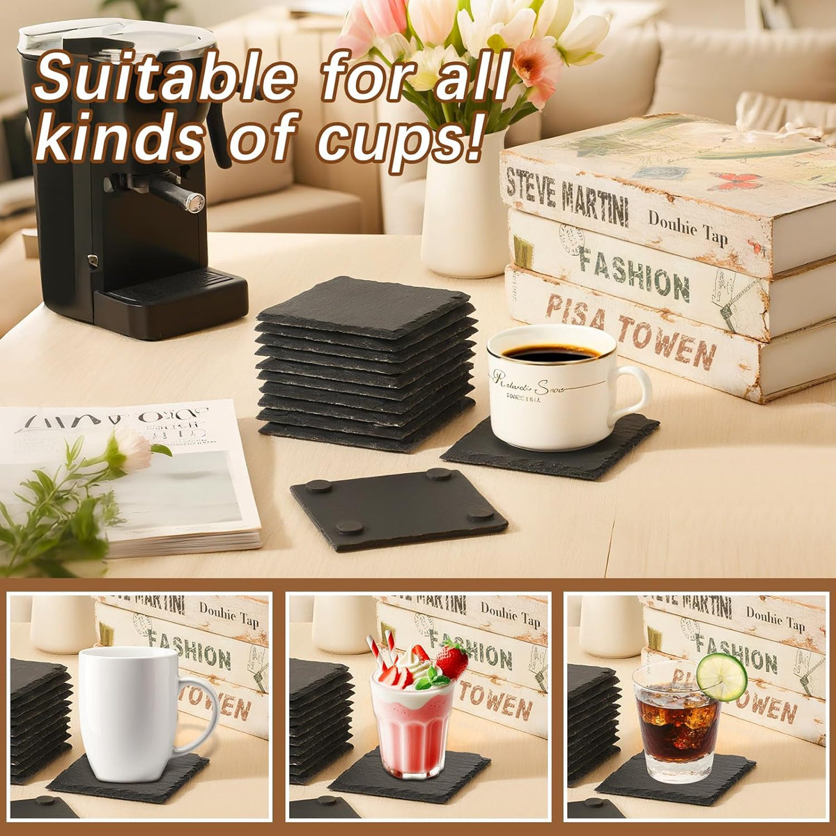 24 PCS Slate Coasters Black Square 4 Inch Bulk Rock, Blank Laser Engraving, Scratch Resistant Bottom, Home Office Kitchen Gift Wedding Bar Party