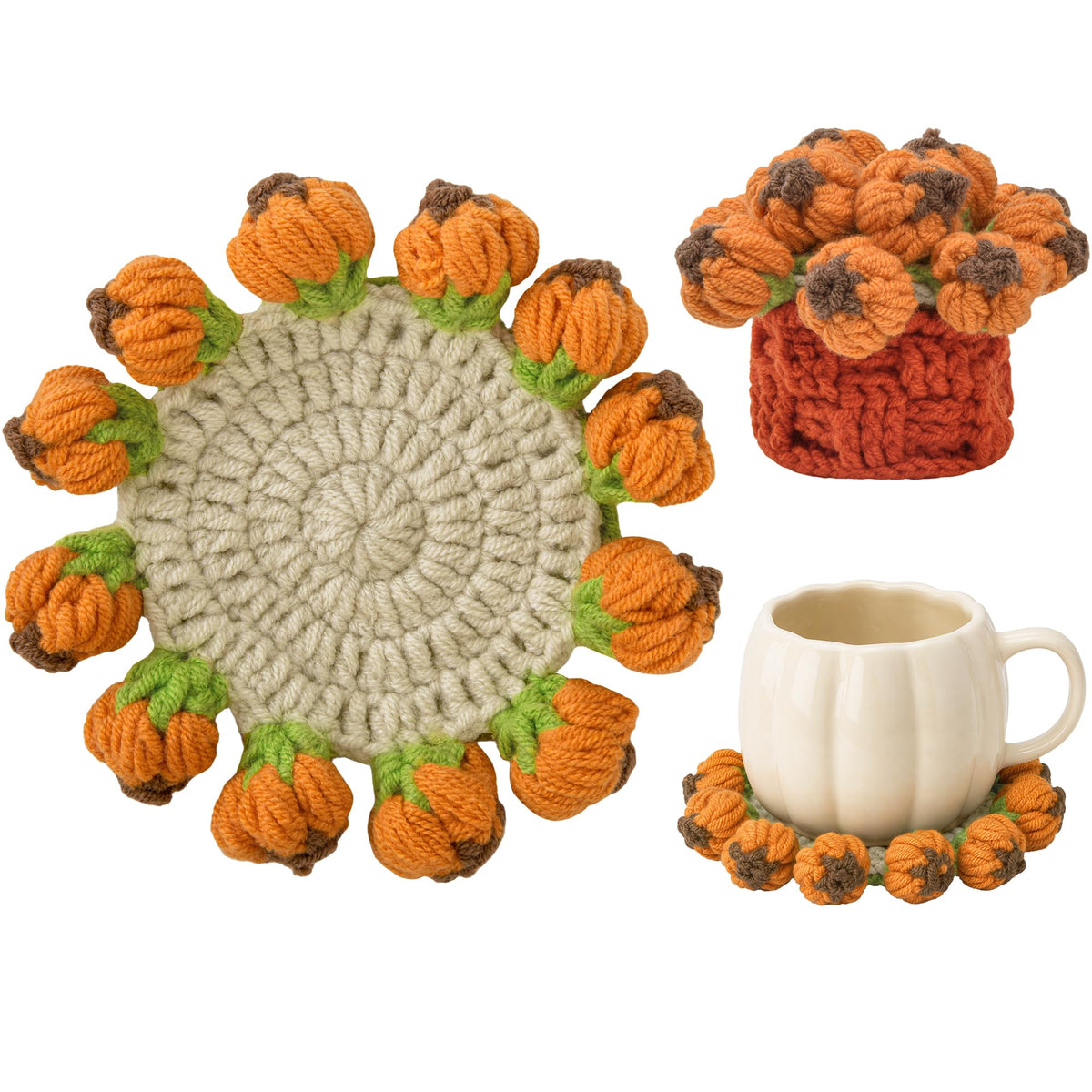 Crochet Flower Coasters, Handmade Bouquet Coasters with Crochet Plant Pot (Pink, 1Pc)