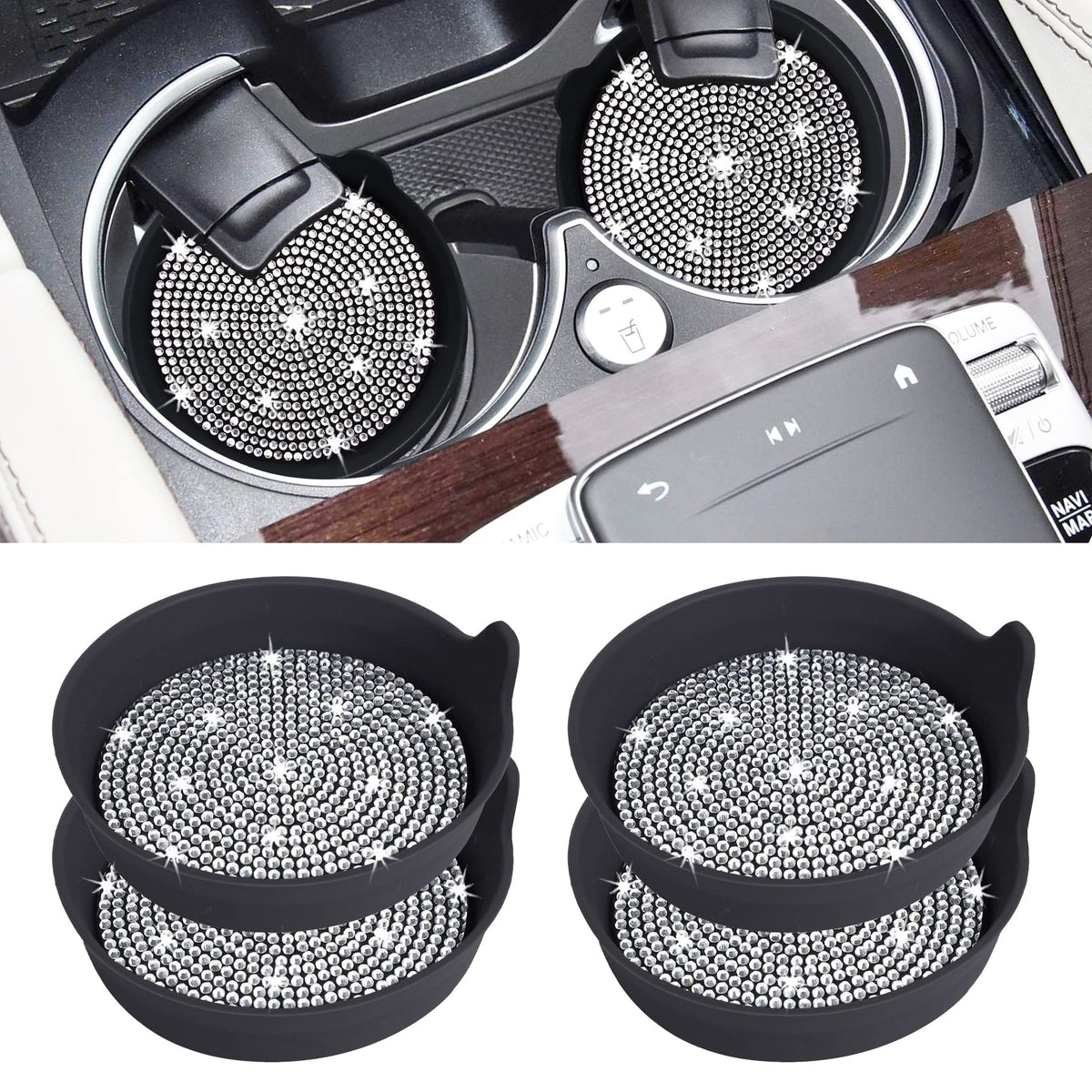 Amooca 4-Pack Car Cup Holder Coaster Bling Crystal Rhinestone Car Interior