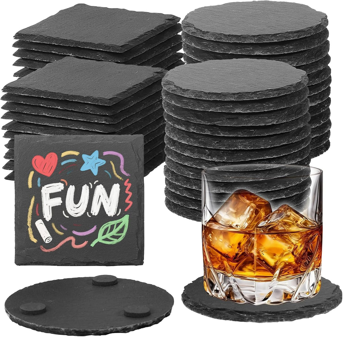 24 PCS Slate Coasters Black Square 4 Inch Bulk Rock, Blank Laser Engraving, Scratch Resistant Bottom, Home Office Kitchen Gift Wedding Bar Party