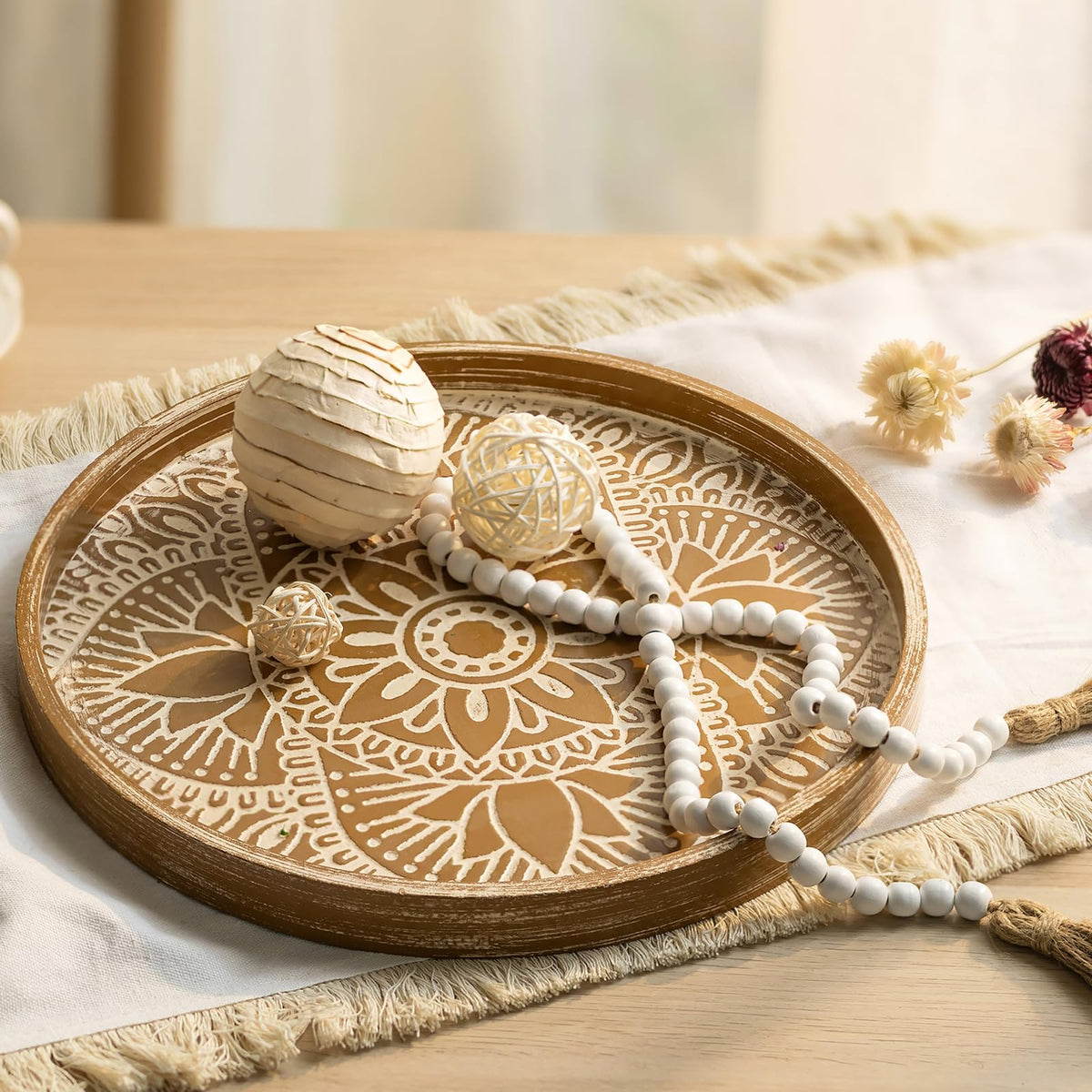 Hanobe Round Boho Decorative Tray for Coffee Table, Mandala Pattern Finish