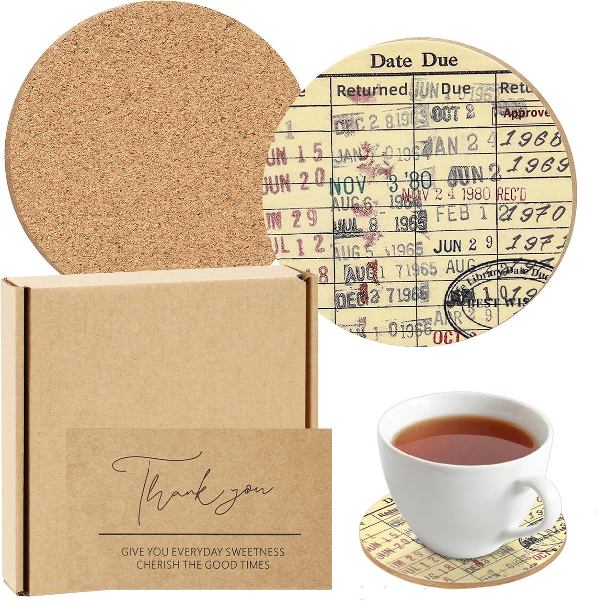 Vintage Library Due Date Card Coaster Set with Gift Card