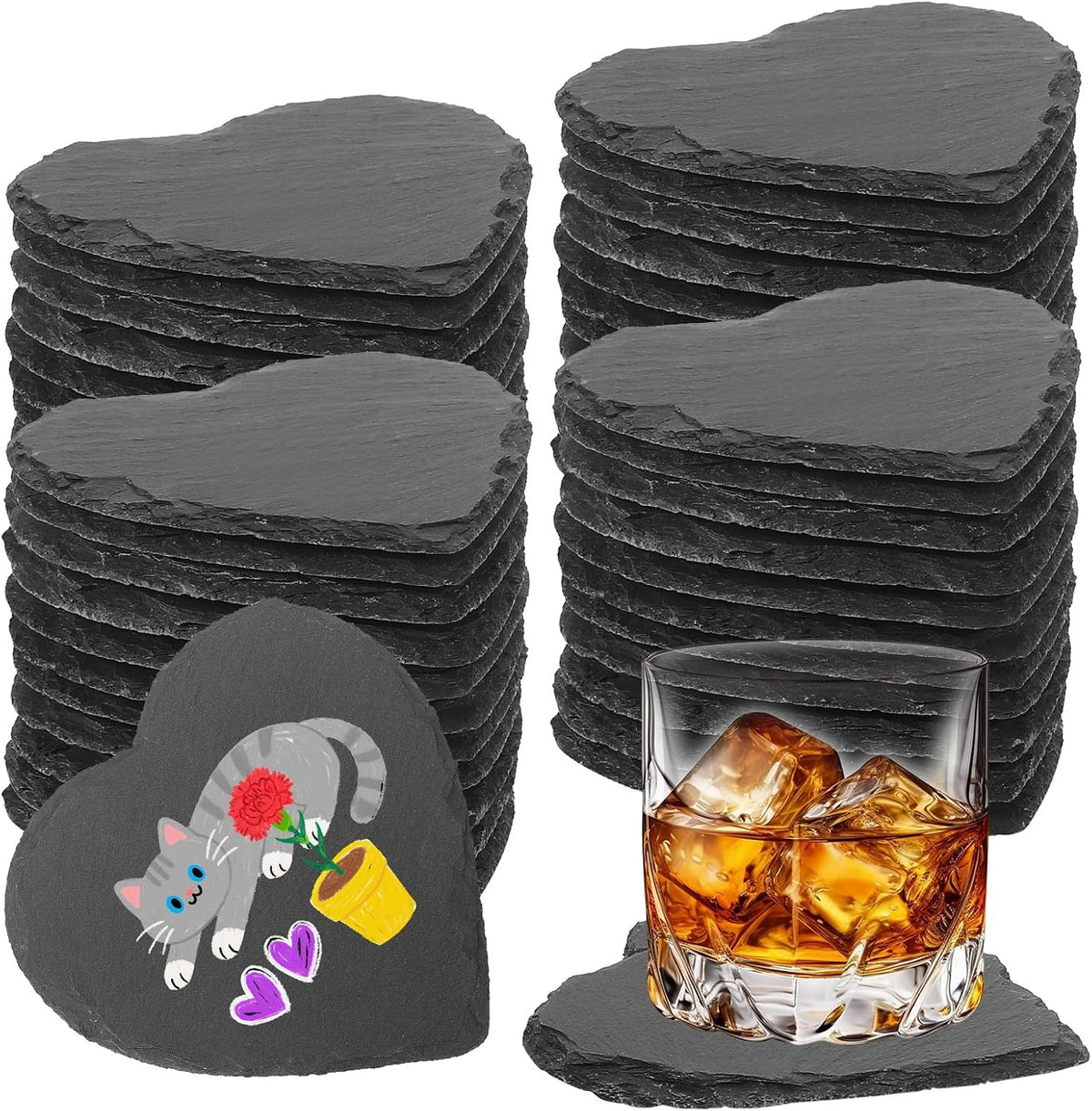 24 PCS Slate Coasters Black Square 4 Inch Bulk Rock, Blank Laser Engraving, Scratch Resistant Bottom, Home Office Kitchen Gift Wedding Bar Party