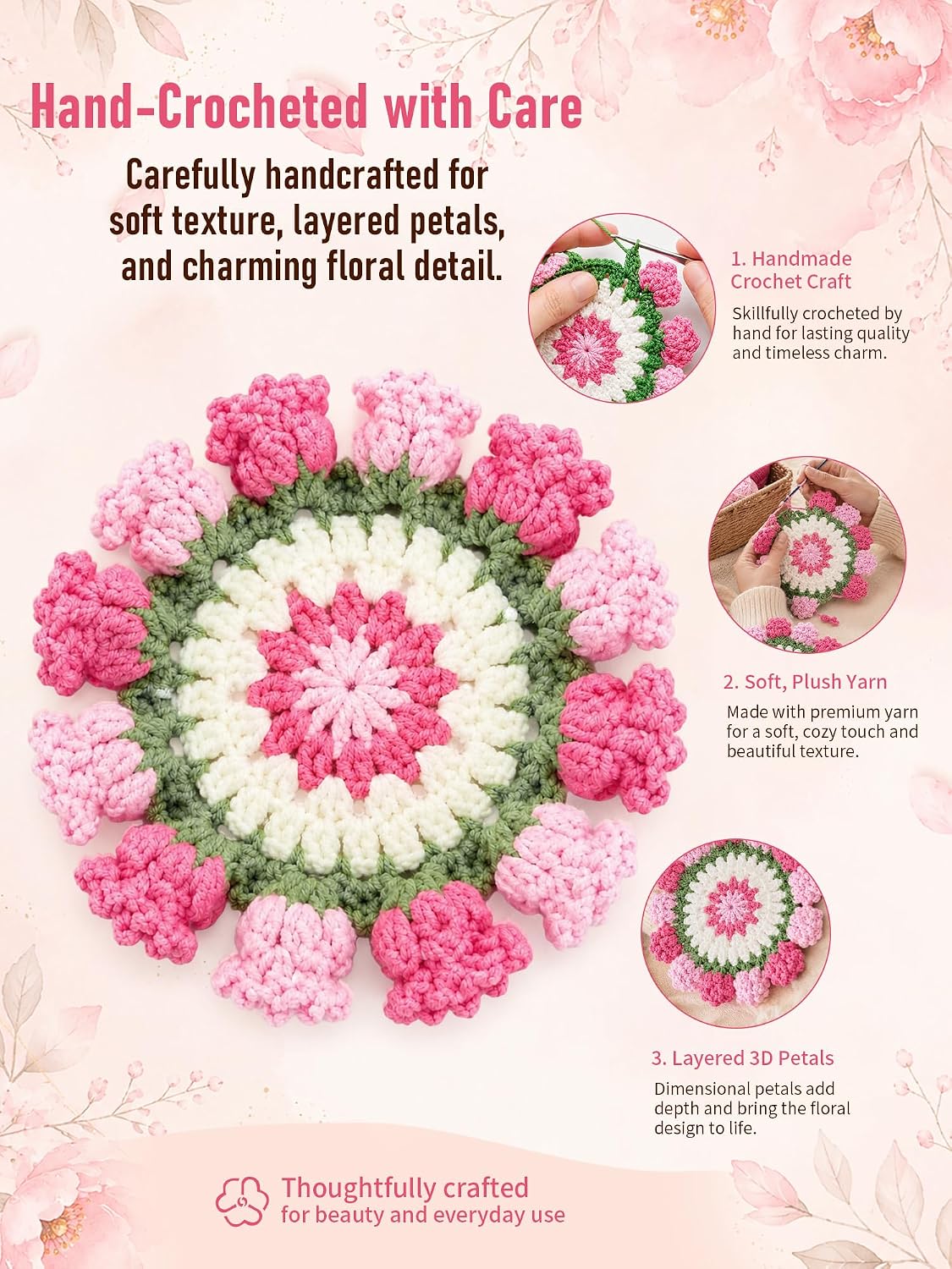 Crochet Flower Bouquet Coasters, Cotton Tulip Gifts for Home Decor 1Pc
