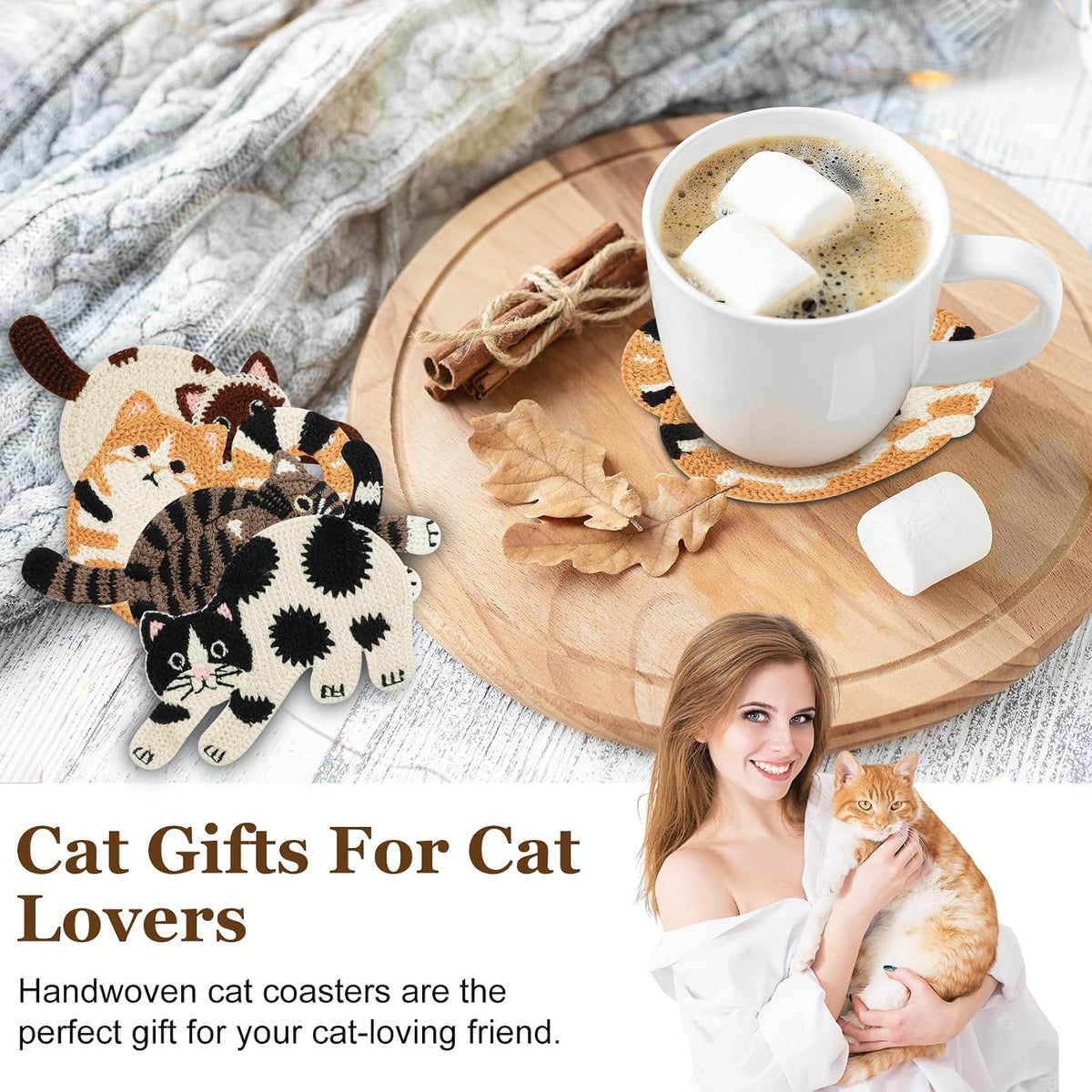 Cute Cat Coasters for Desk, Funny Woven Coaster for Decoration, Creative Gifts for Cat Lovers, Crochet Insulation Knitted Coasters for Coffee Tea Table Desktop Protection (4, Style B)